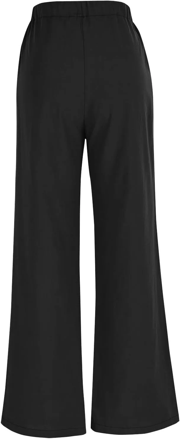 Womens Wide Leg Pants Lace-Up Elastic Waisted Solid Color Loose Summer Trendy Beach Full Length Trousers with Pockets