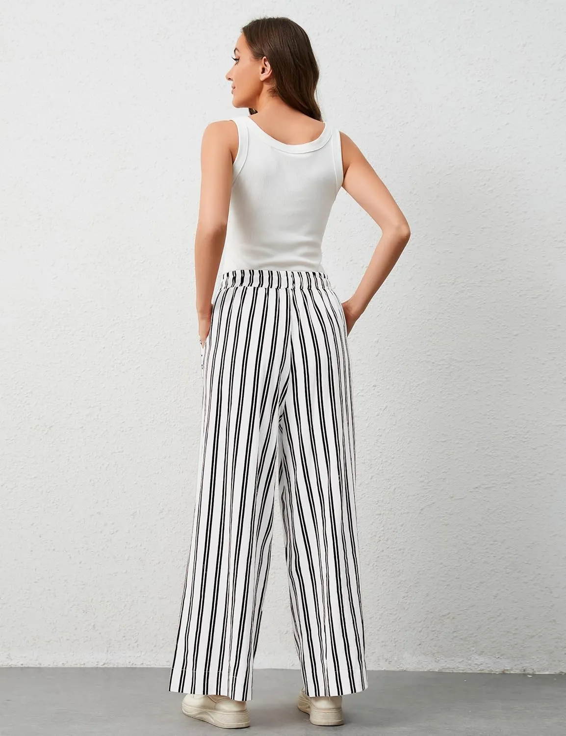Womens Wide Leg Striped Pants Loose Fit Drawstring Comfy High Waist Striped Lounge Pants with Pockets