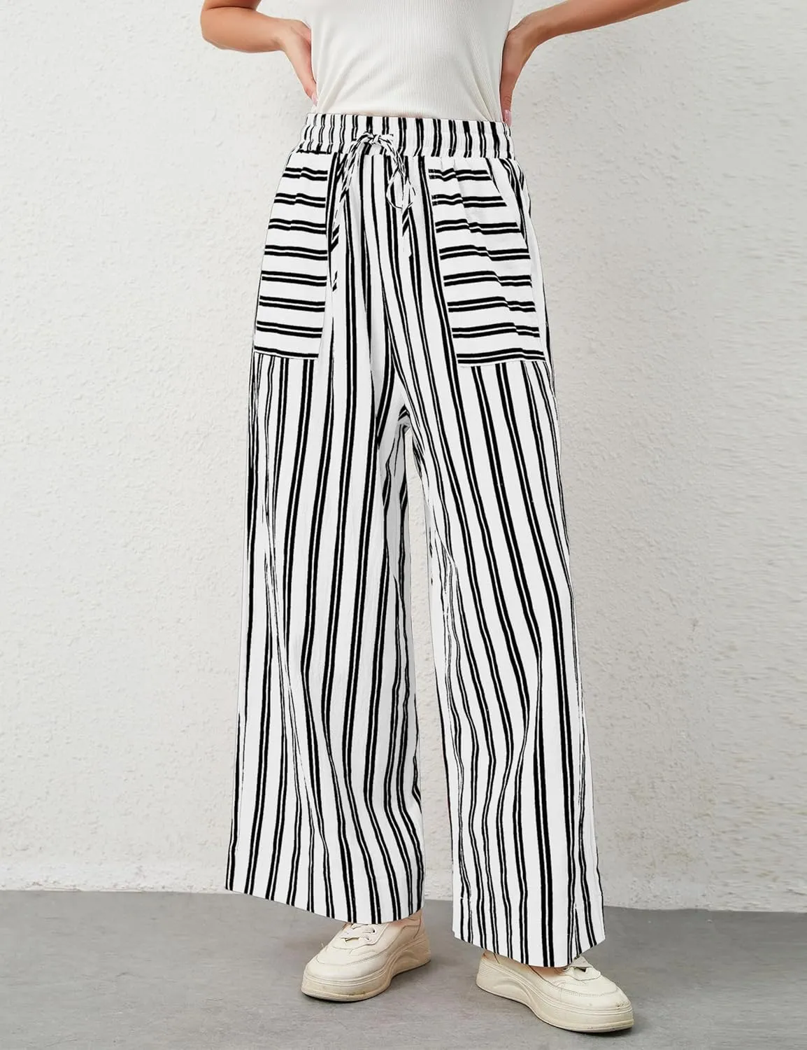 Womens Wide Leg Striped Pants Loose Fit Drawstring Comfy High Waist Striped Lounge Pants with Pockets