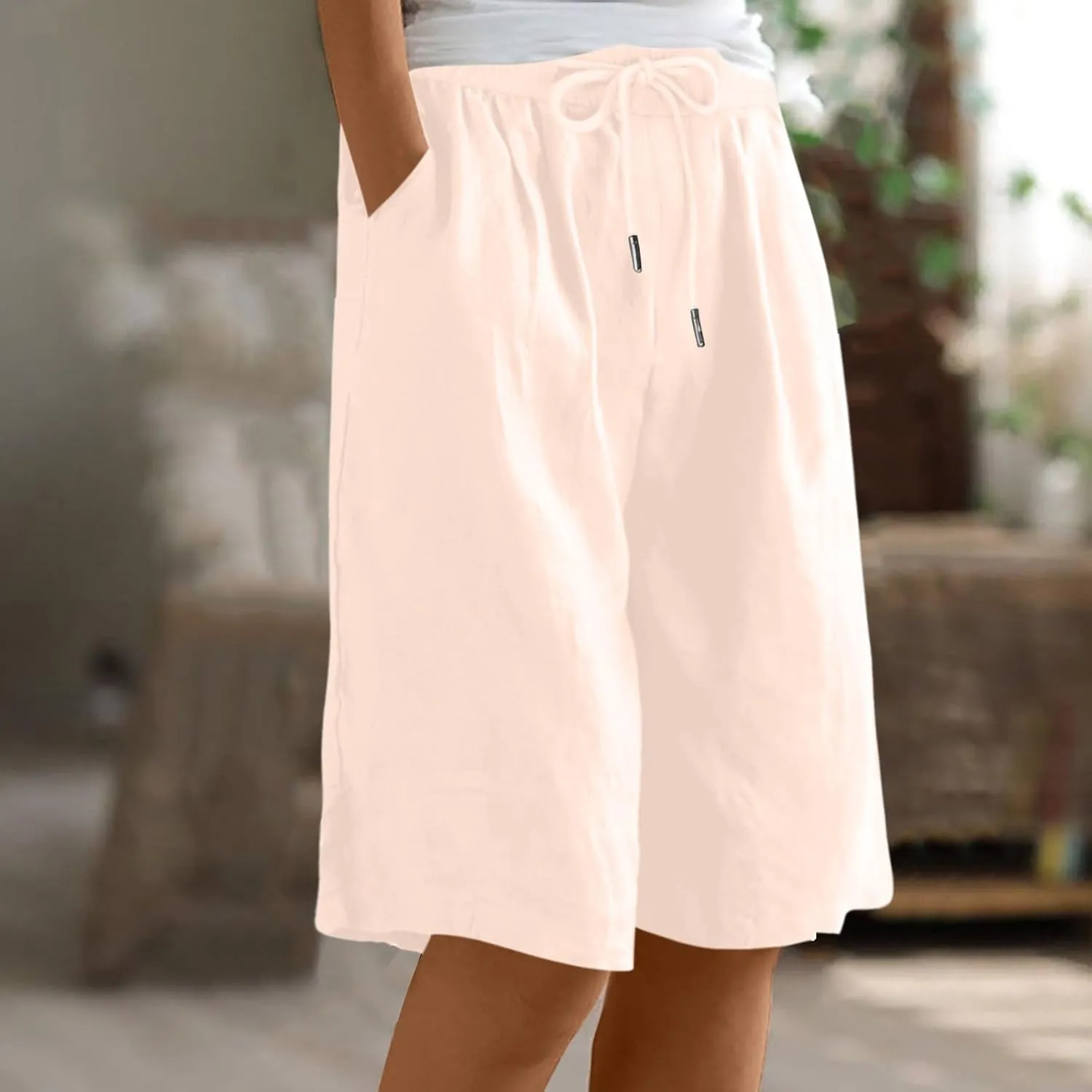yardsong Bermuda Shorts for Women Cotton Linen Knee Length Shorts Drawstring Elastic Waist Casual Short Pants with Pockets