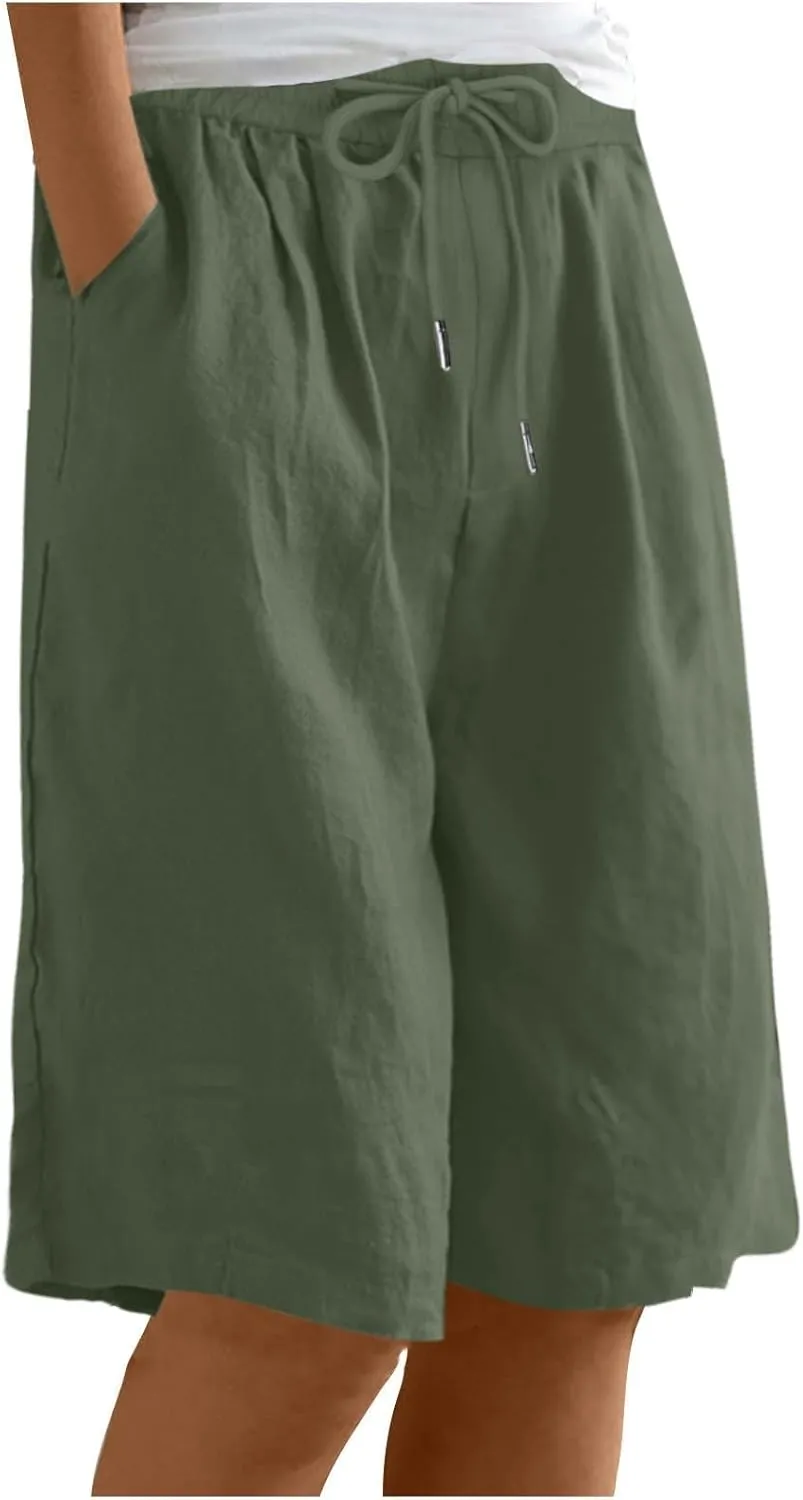 yardsong Bermuda Shorts for Women Cotton Linen Knee Length Shorts Drawstring Elastic Waist Casual Short Pants with Pockets