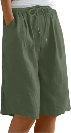 yardsong Bermuda Shorts for Women Cotton Linen Knee Length Shorts Drawstring Elastic Waist Casual Short Pants with Pockets