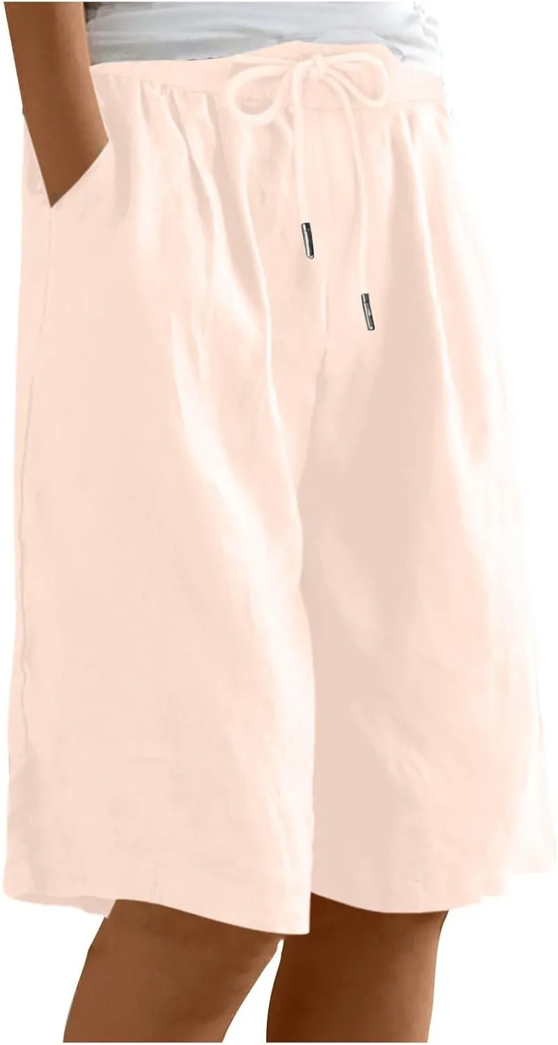 yardsong Bermuda Shorts for Women Cotton Linen Knee Length Shorts Drawstring Elastic Waist Casual Short Pants with Pockets