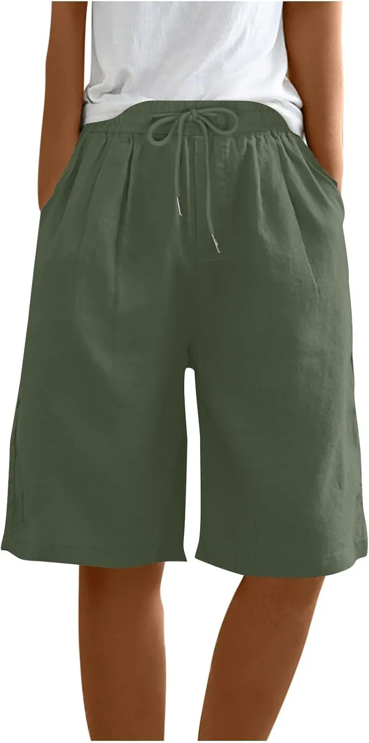 yardsong Bermuda Shorts for Women Cotton Linen Knee Length Shorts Drawstring Elastic Waist Casual Short Pants with Pockets