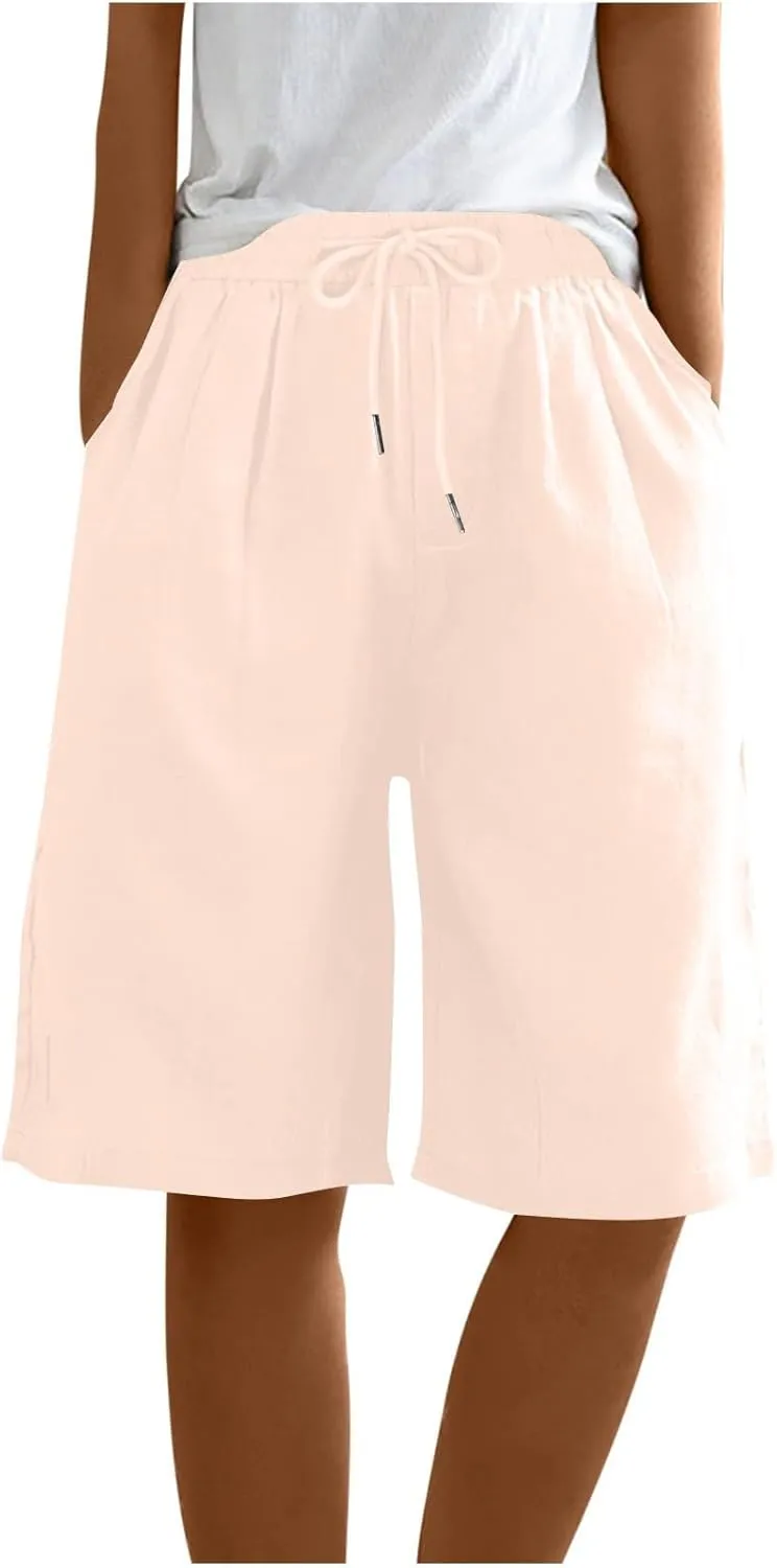 yardsong Bermuda Shorts for Women Cotton Linen Knee Length Shorts Drawstring Elastic Waist Casual Short Pants with Pockets